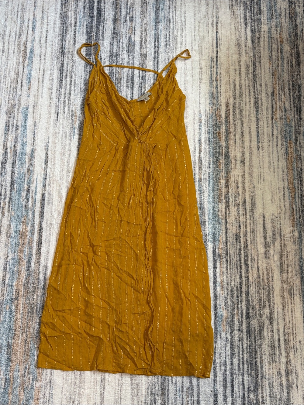 Women's Yellow Midi Slip Dress with Metallic Thread
